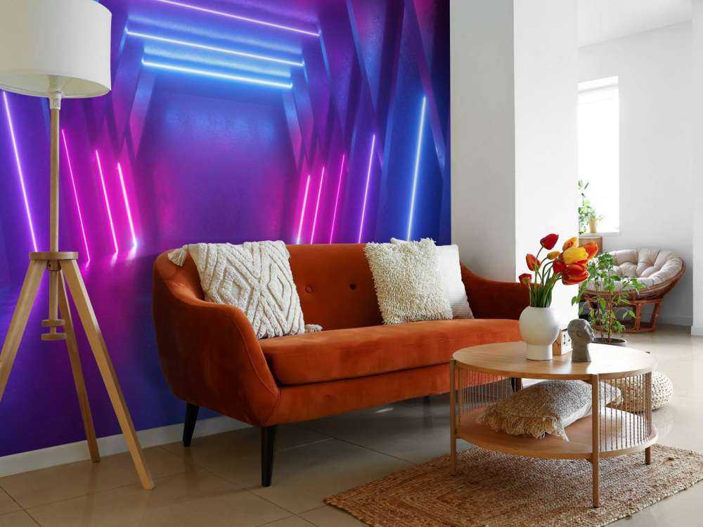 Neon verlichte ruimte met balken
