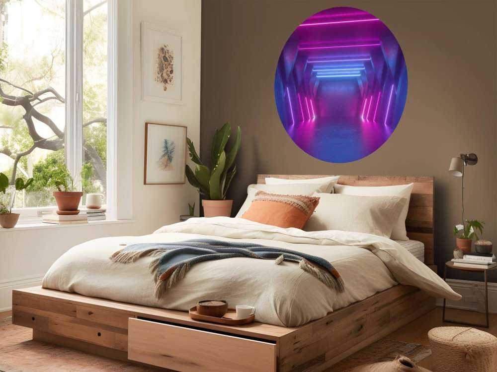 Neon verlichte ruimte met balken