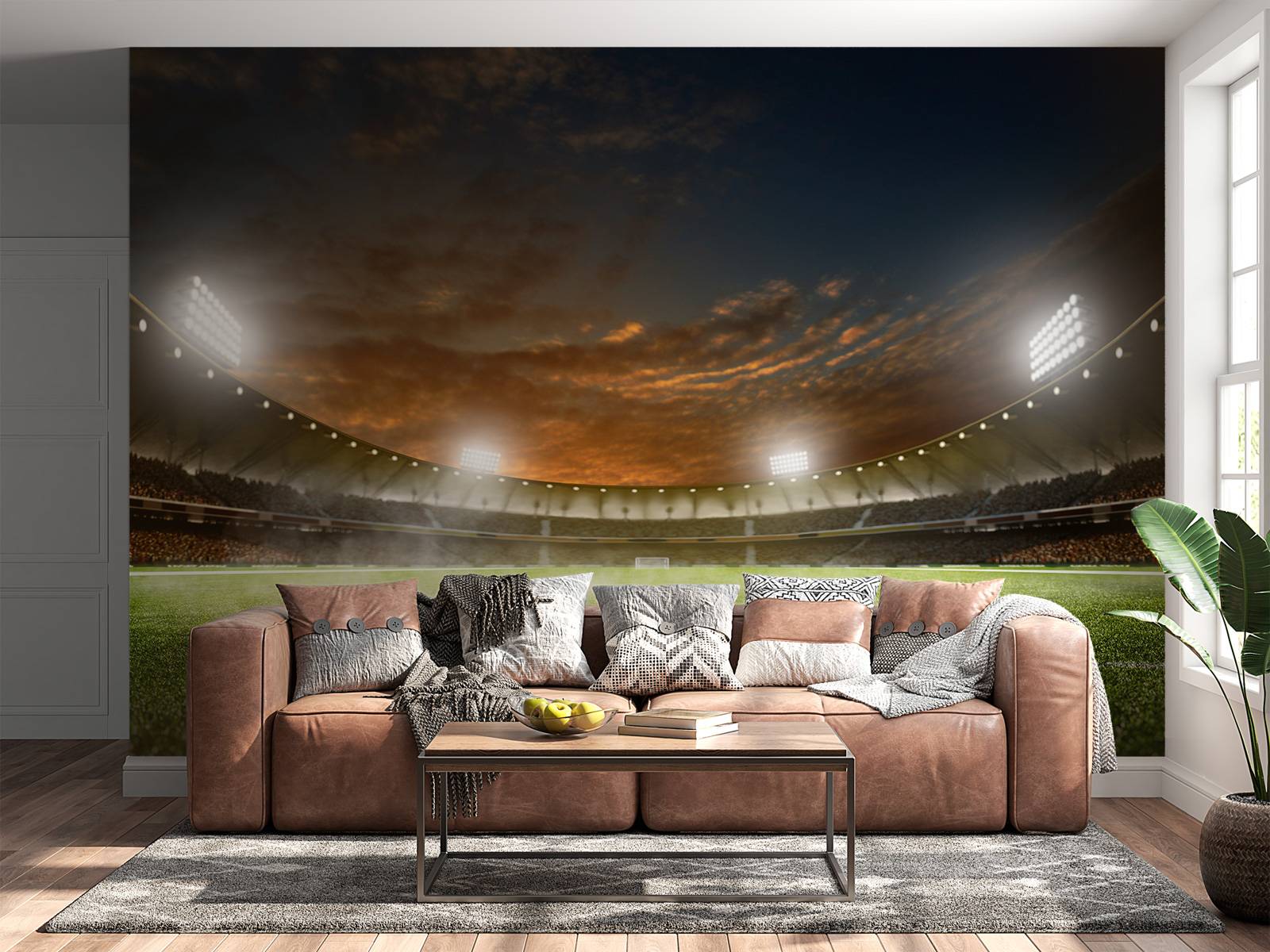 Verlicht voetbalstadion met wolken
