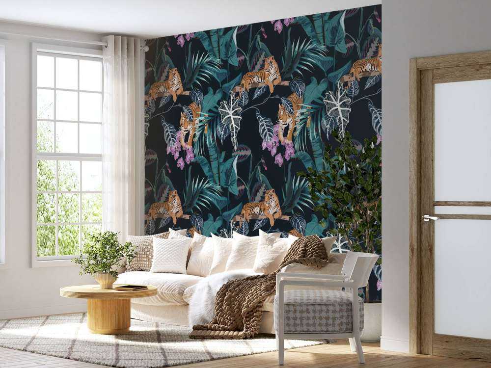 Tijgers, bladeren en bloemen