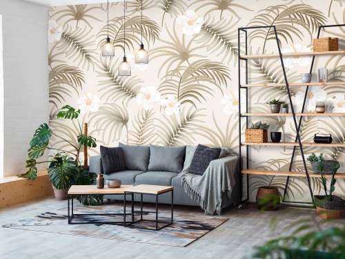 Palmboombladeren en bloemen