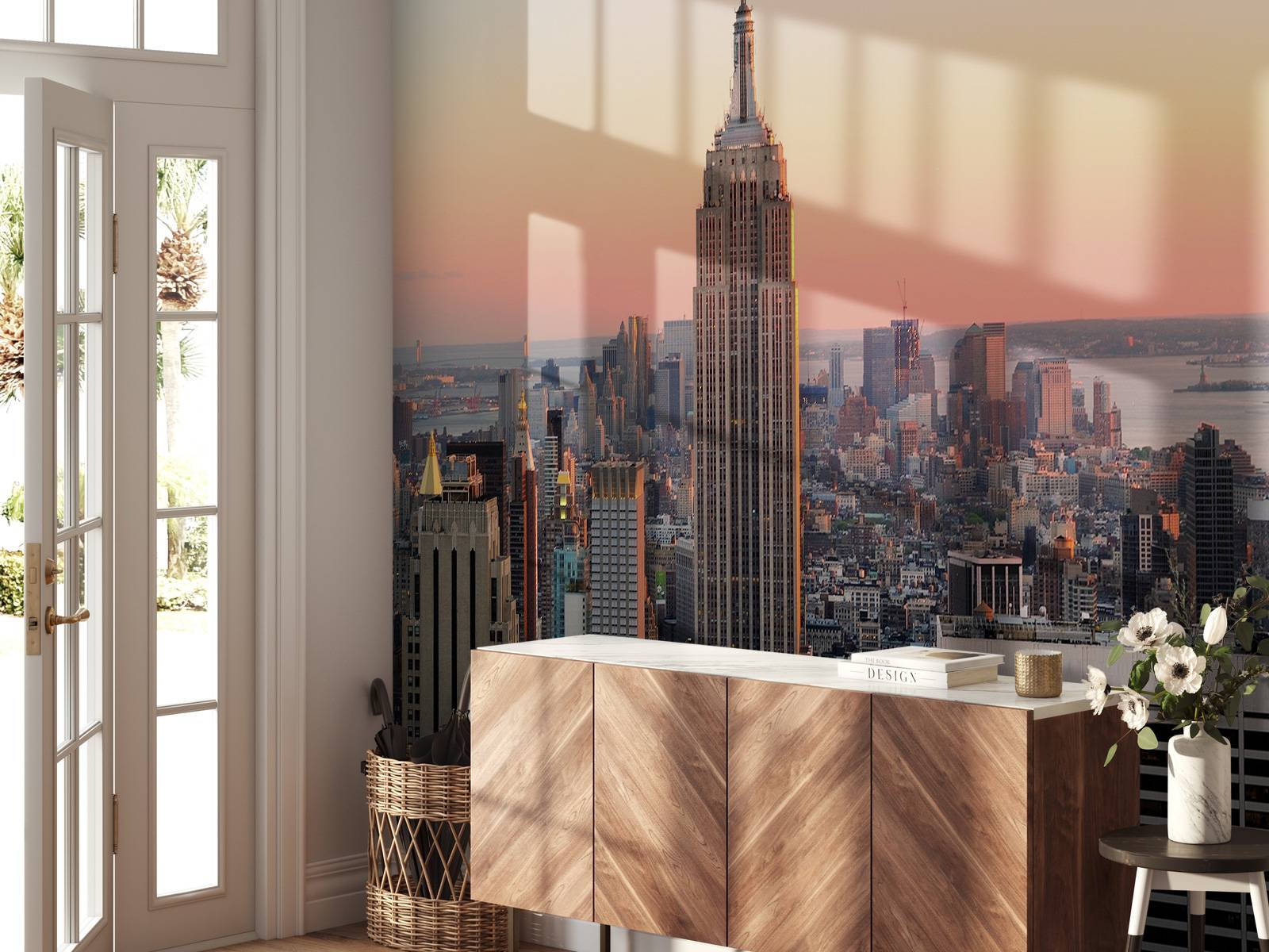 De Skyline van New York bij zonsondergang