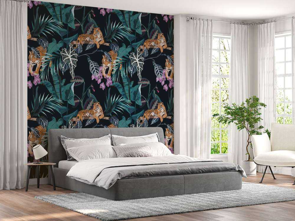Tijgers, bladeren en bloemen
