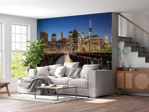 Lower Manhattan vanaf een oude pier in Brooklyn