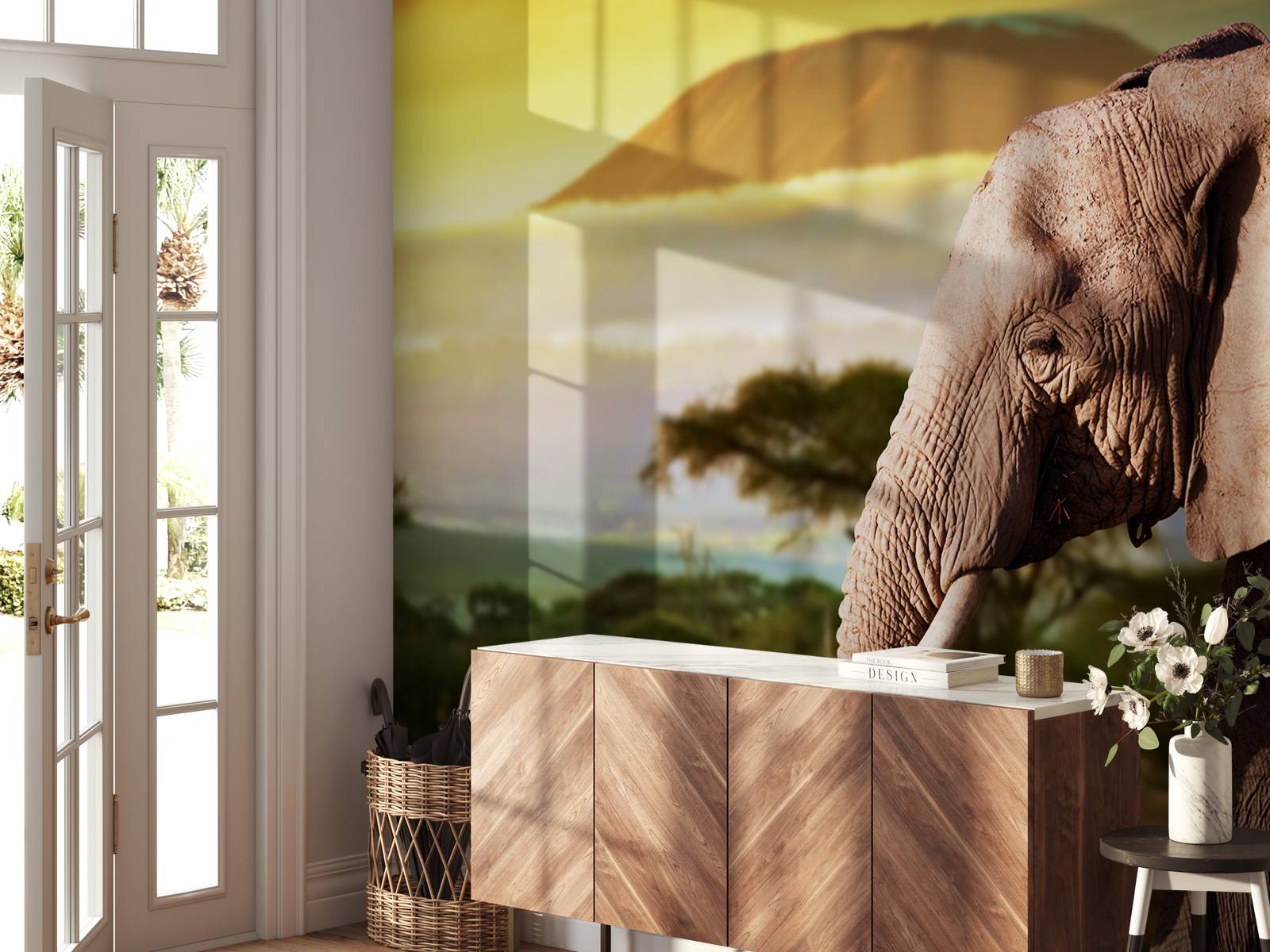 Olifant in een savanne landschap bij zonsondergang